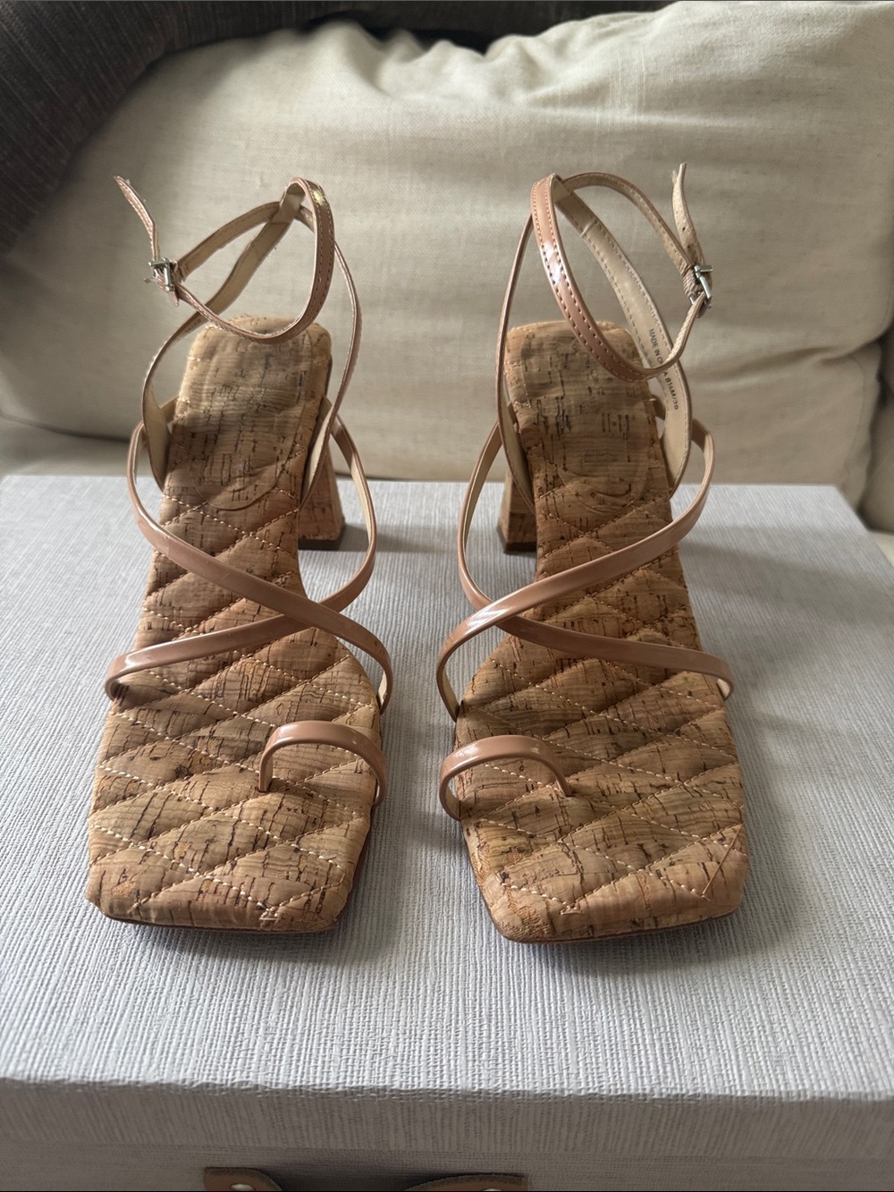 Jessica Simpson Nude Strappy Cork Square-Toe Block Heels